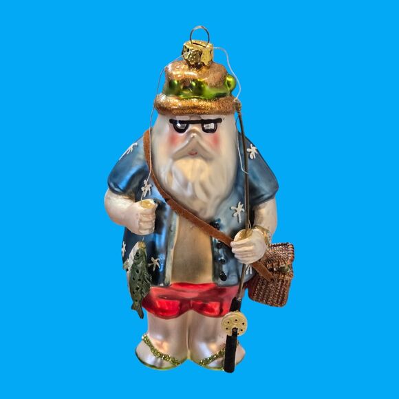Vacation Hippie Flip Flop Fishing Rod Tiki Santa Claus 5" Blown Glass Ornament - Picture 2 of 12